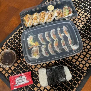 Tempura Sushi Roll, Beef Kimbap, Spam Musubi
