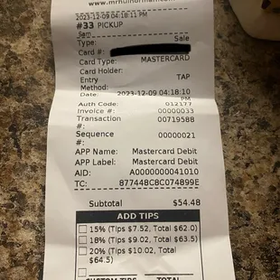 a receipt for a restaurant