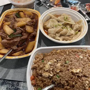 R5. Chicken Fried Rice, Braised Sliced Beef, A7. Eight Sichuan Wonton with Red Chili Oil