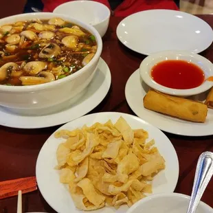 Hot and sour soup. And spring rolls