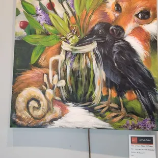 a painting of a fox and a crow