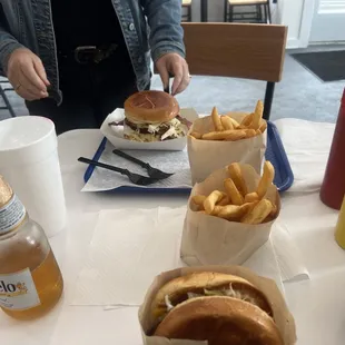 burger and fries.  The wife has the chicken club