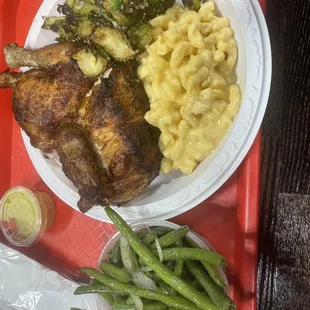Half chicken, Mac and Cheese, Brussels sprouts and green beans