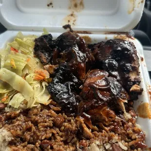 Jerk Chicken w. Rice and peas/cabbage