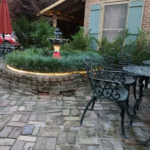 a patio with a fire hydrant