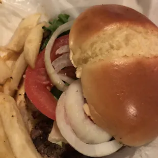 Pork chop sandwich and fries. GREAT PRICES and really good food. I was surprised