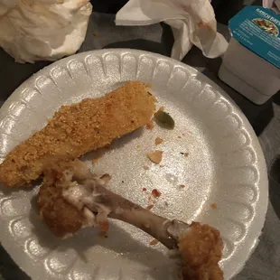 Catfish was awesome, eaten chicken wing was good.