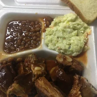 Rib tips, baked beans, Cole slaw