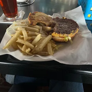 Over cooked burger and undercooked fries