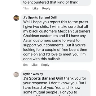 Bar owners response to me after I gave them a bad review.