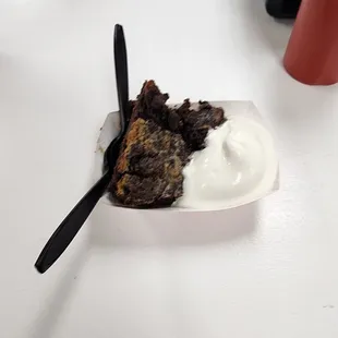 Chocolate bread pudding with vanilla ice cream.