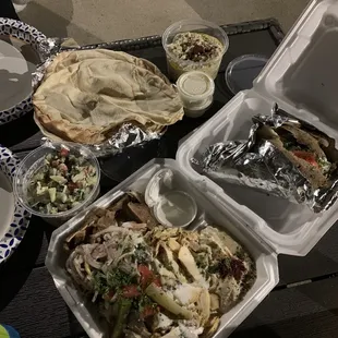 Shaworma Platter, Tabooli, Babaganoush and hummus.