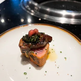 Tuna tartare with pork belly (I think) and caviar. Wow!