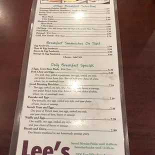 menu and prices