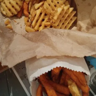 Waffle fries and sweet potato fries.