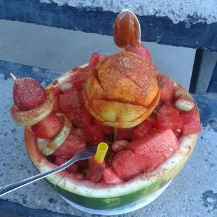 a plate of food on a bench