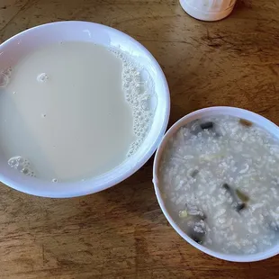 a bowl of oatmeal and a bowl of milk