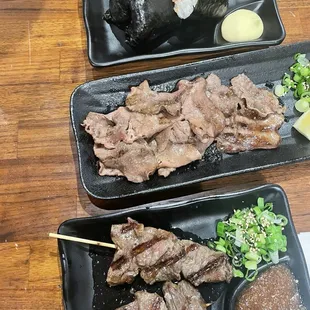 Rice sandwich, beef tongue, Kobe beef skewer