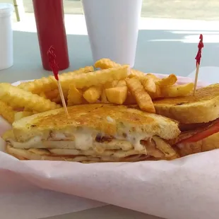 Turkey melt. W/ sourdough bread, jack cheese, tomatoe &amp; grilled onions
