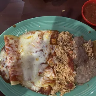 3 Cheese Enchiladas w/Beans and Rice
