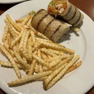 Gluten free buffalo chicken wrap with French Fries