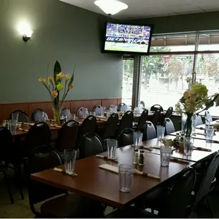 Banquet room. Seats up to 80. Can be arranged any way you want. Great for meetings, luncheons, showers, parties, etc.