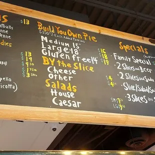 Menu above the pizza counter.