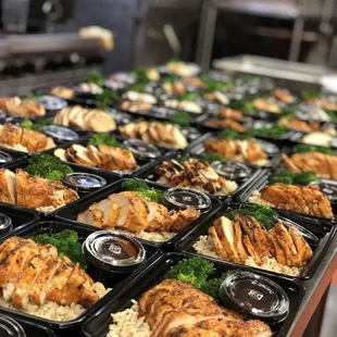 chicken, rice, and broccoli