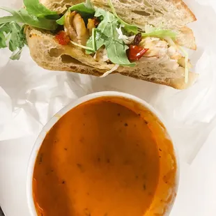 a sandwich and a bowl of soup