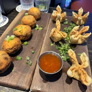 Stuffed mushrooms and the left and BBQ rangoons or the right.