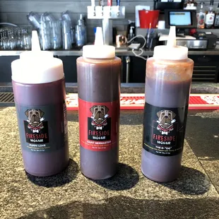 Three BBQ Sauces (L-R Sweet, Hot, and Original)