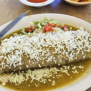 Meat &amp; bean burro enchilada style with green sauce