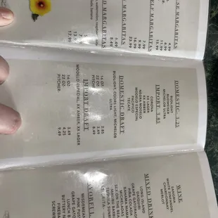 Alcoholic refreshments menu