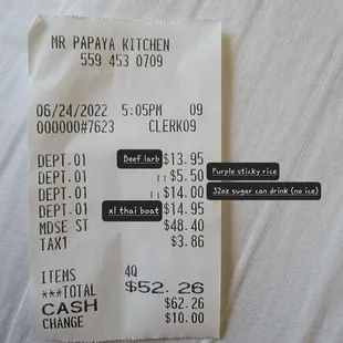 a receipt for a restaurant