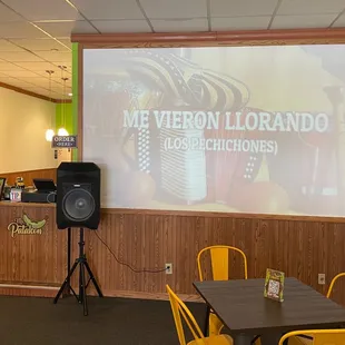 a projector screen in a restaurant