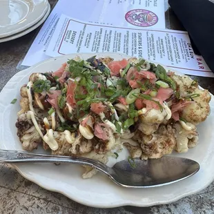Crispy cauliflower with kewpie, pickled ginger, hoisin, and scallions. From the weekend burger bar.
