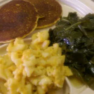 Mac-n-Cheese, Greens, Corn Bread
