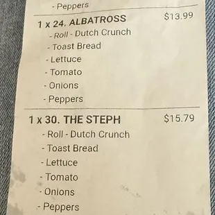 Receipt, did not order pesto on the Steph but got it anyway.