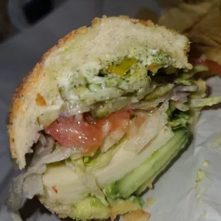 This is their Veggie with extra garlic sauce, extra pickles, extra onions, extra pepperchini &amp; the cheese is pepperjack mixed with provolone