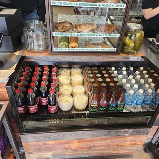 a display of various foods and drinks