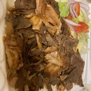 Mixed chicken and meat and rice platter - sauce on the side