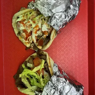 Beef gyro and Mix chicken n beef on Pita with hot souce