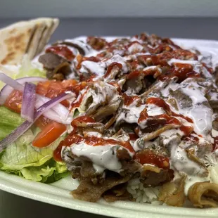 Chicken doner n beef gyro on basmati rice.