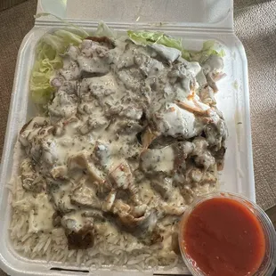Mixed platter with half rice half salad