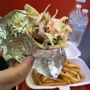 Beef Kabob on Pita  Fries  Drink