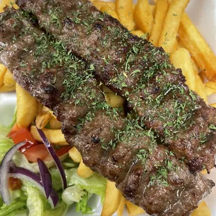 Beef Kabob on Fries comes with small salad and Pita