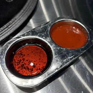 two sauces in a muffin tin