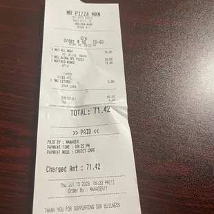 Receipt for our order