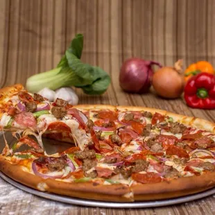 This is our most popular pizza! It's called Mr pizza man Special, it's a great combination of meat with vegetables.