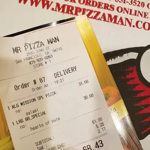 the order for the pizza